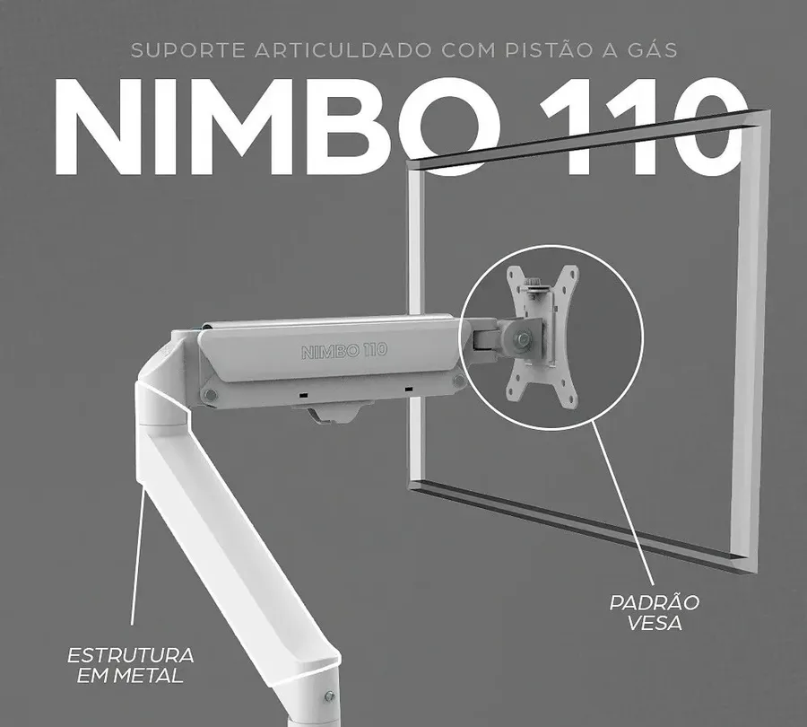 Suporte Articulado Para Monitor 13 a 32 Pistão a Gás Ajustável Zinnia Nimbo 110 Branco Braço