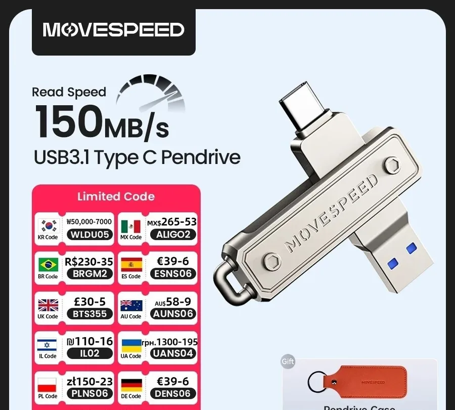 Pen Drive MOVESPEED 150 MBs USB 3.1 Type C, 32GB, 64GB, 128GB, 256GB, 512GB pendrive