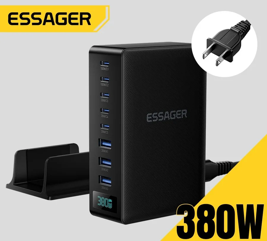 Carregador Essager 380W GaN de Carregamento Rápido, Suporte de Carregamento 8-em-1 para Desktop e Laptop, Compatível com iPhone 17, 16, 15 Pro Max, MacBook Air, Xiaomi