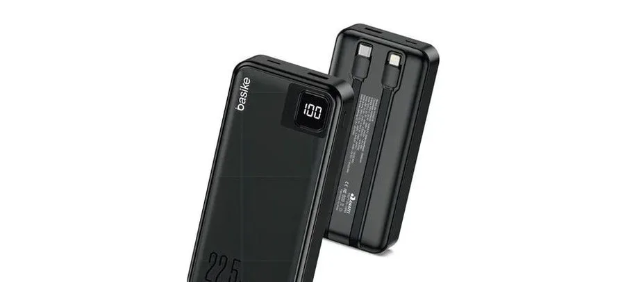 Power Bank Basike 20000mAh Preto, Carga Rápida 22.5W para iPhone e Samsung, Com Cabos Embutidos e Display