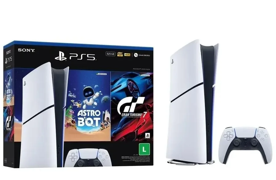 PS5 PlayStation 5 Edição Digital 825GB 1 Controle Branco Sony com 2 Jogos Astro Bot e Gran Turismo 7