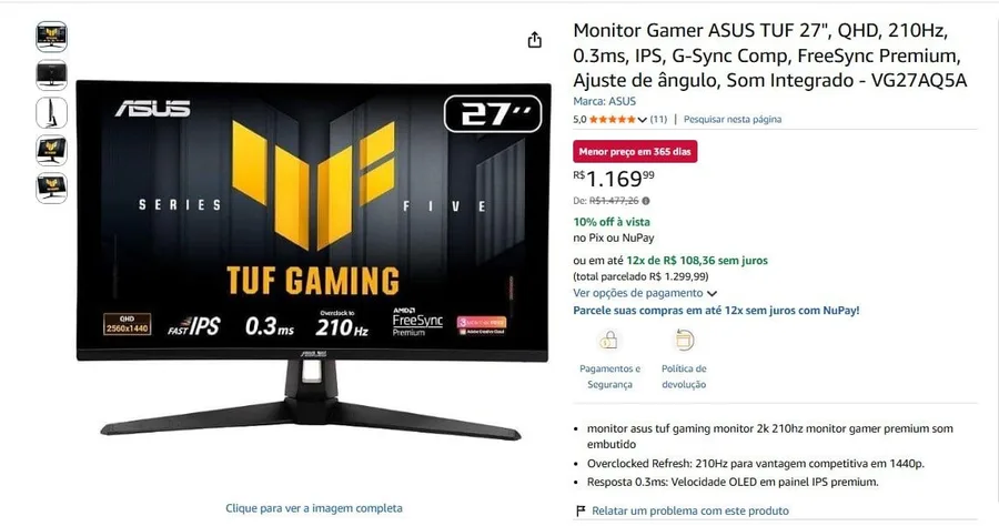Monitor Gamer ASUS TUF 27, QHD, 210Hz, 0.3ms, IPS, G-Sync Comp, FreeSync Premium, Ajuste de ângulo, Som Integrado - VG27AQ5A