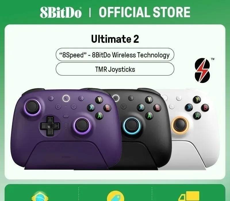 Controle 8BitDo Ultimate 2 Wireless com Dock, RGB, Joystick TMR, Motion Control, Trigger mode, sem fio, 1000mAh, trimode Bluetooth 2.4 usb-c, 1000hz, botões extras