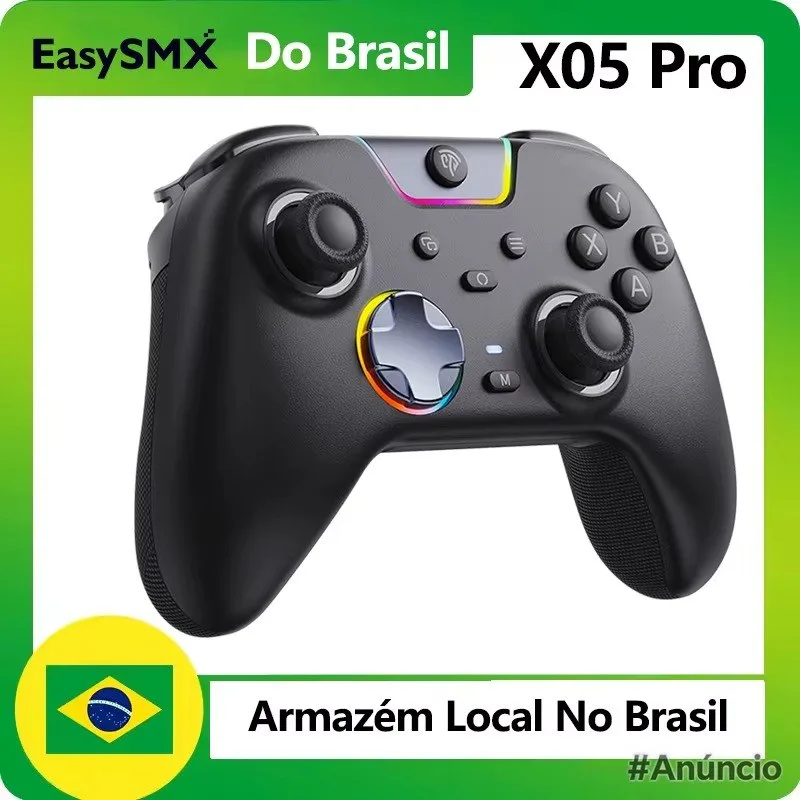 Controle Sem FIo EasySMX X05 Pro RGB, Hall Effect, Botões Programáveis, Conexão Tri Mode, 1000hz  1000mAh
