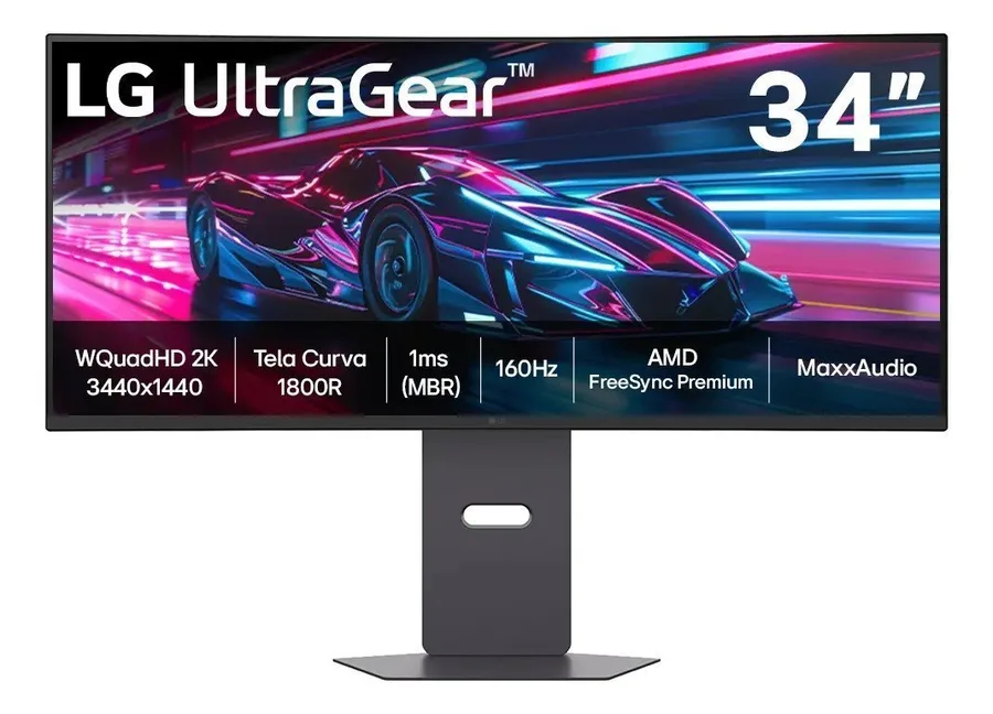Monitor Gamer LG UltraGear Curvo 34 QuadHD 2K, UltraWide 1800R, 160Hz, 1ms MBR, AMD FreeSync Premium, HDR10, MaxxAudio, Preto -34G600A