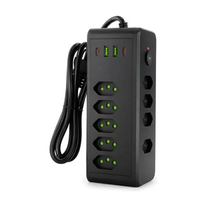 Filtro de Linha Torre de Tomadas, 8 Tomadas  2 USB-A  2 USB-C, Formato Vertical Compacto, 2500W 10A, Cabo 2m, para Home Office e Setup