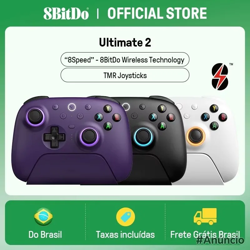 Controle 8BitDo Ultimate 2 Wireless com Dock, RGB, Joystick TMR, Motion Control, Trigger mode, sem fio, 1000mAh, trimode Bluetooth 2.4 usb-c, 1000hz, botões extras