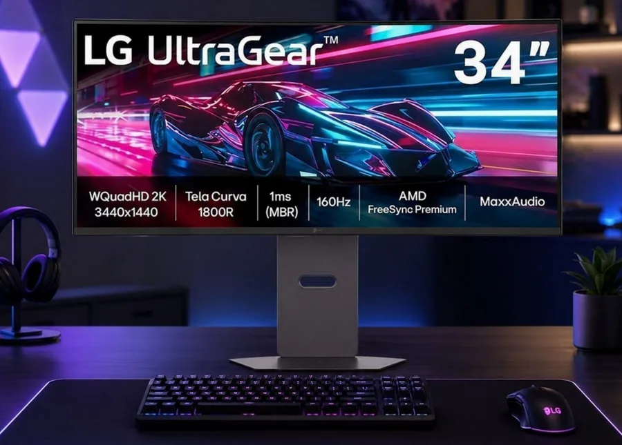 Monitor Gamer LG UltraGear Curvo 34 QuadHD 2K, UltraWide 1800R, 160Hz, 1ms MBR, AMD FreeSync Premium, HDR10, MaxxAudio, Preto -34G600A