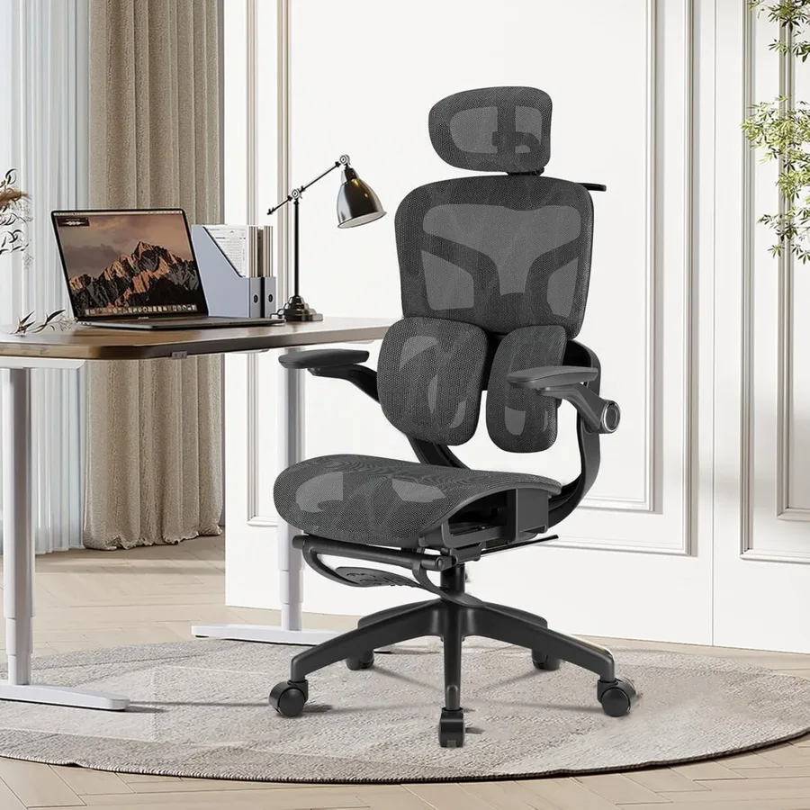 Cadeira de Escritório Ergonômica Testada conforme NR-17, Duplo Apoio Lombar, Assento Deslizante com Ajuste de Profundidade 5cm, Apoio para Pés Retrátil, Reclinável até 135 para Home Office Preto