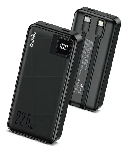 Power Bank Basike 20000mAh Preto, Carga Rápida 22.5W para iPhone e Samsung, Com Cabos Embutidos e Display