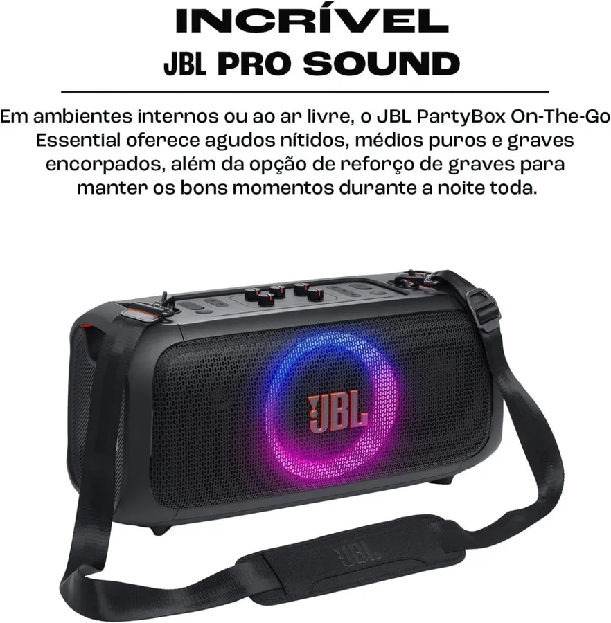 Caixa de Som, JBL, PartyBox On The Go Essential, Com Microfone, Bluetooth, Show de Luzes, À Prova de Respingos - 100W RMS
