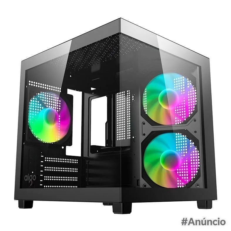 Gabinete Gamer Aquário Aigo Luna A275 Rainbow Mini-Tower LateralVidro C3 Fans Preto AC-A275-B-BR1