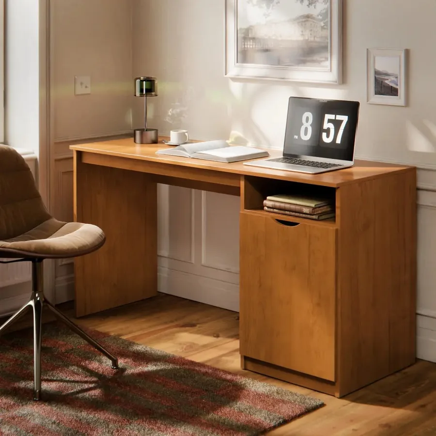 Escrivaninha Para Computador notebook Home Office Com Porta E Nicho Mesa De Escritório Compacta Para Estudo Maxi Cor Nature