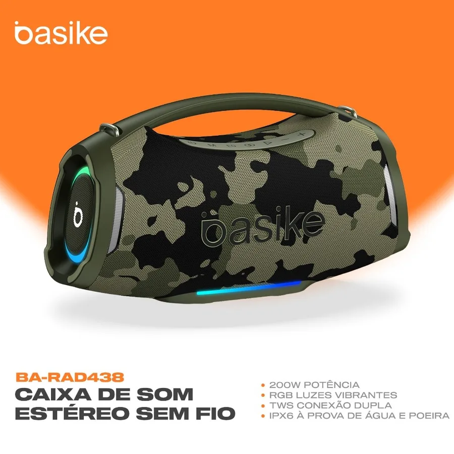 Caixa de Som Portátil Basike Bluetooth 200W Graves Fortes 18000mAh IPX6 À Prova Dágua RGB e TWS
