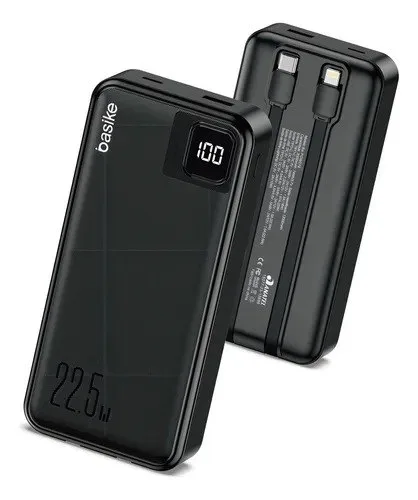 Power Bank Basike 20000mAh Preto, Carga Rápida 22.5W para iPhone e Samsung, Com Cabos Embutidos e Display