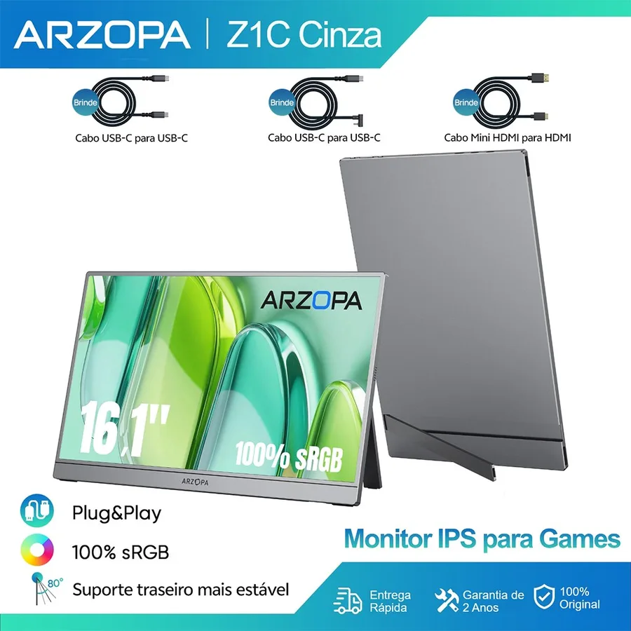 Arzopa Z1C Cinza-Monitor Portátil Com Suporte 100  sRGB De 16.1  , 1080P FHD Tela De Extensão De USB C HDMI Para PC