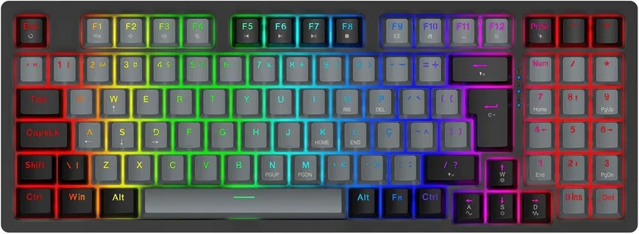 Teclado Mecânico Gamer com Fio 95 Teclas, RGB com 20 Modos de Iluminação, Switch Vermelho Hot Swap, Anti Ghosting, Teclado Compacto USB para PC, Notebook, Windows e Mac Cinza