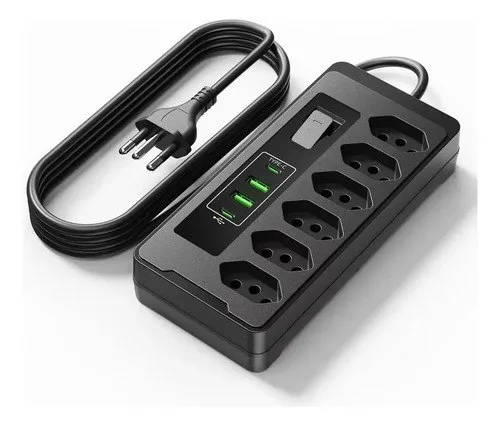 Filtro De Linha Régua Extensão 6 Tomadas E 2 Usb 2 Pd 2500 Watts Equipado Com Um Interruptor De Protecção Automática De Sobrecarga Protetor Elétrico Cabo 2 Metros 10 a Cor Preto-PLUGADO