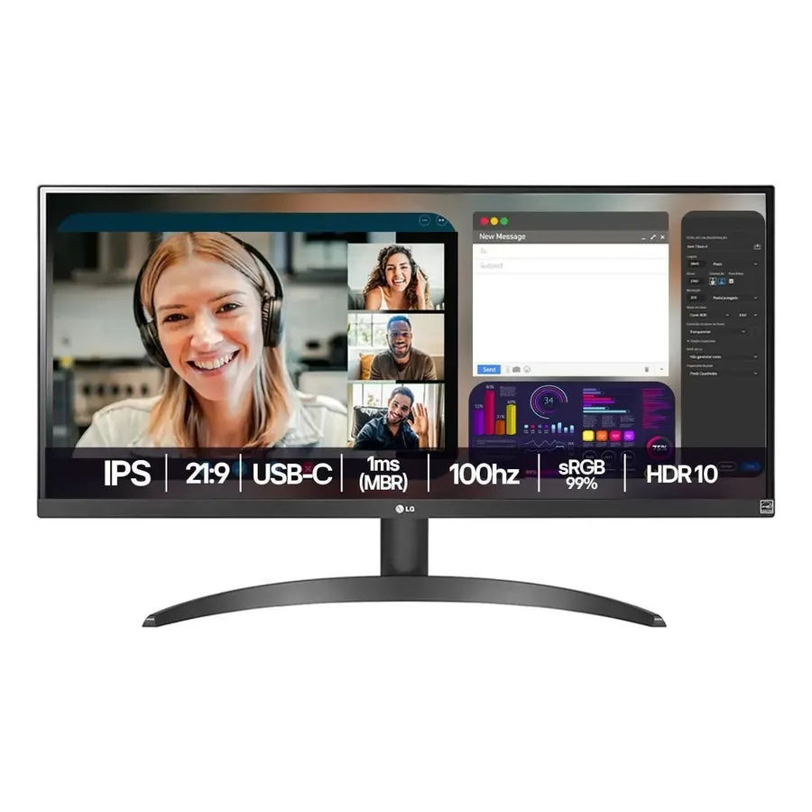 Monitor LG UltraWide - Tela IPS de 29, 219, HDR10, sRGB 99, 100Hz, Preto- 29WQ500B