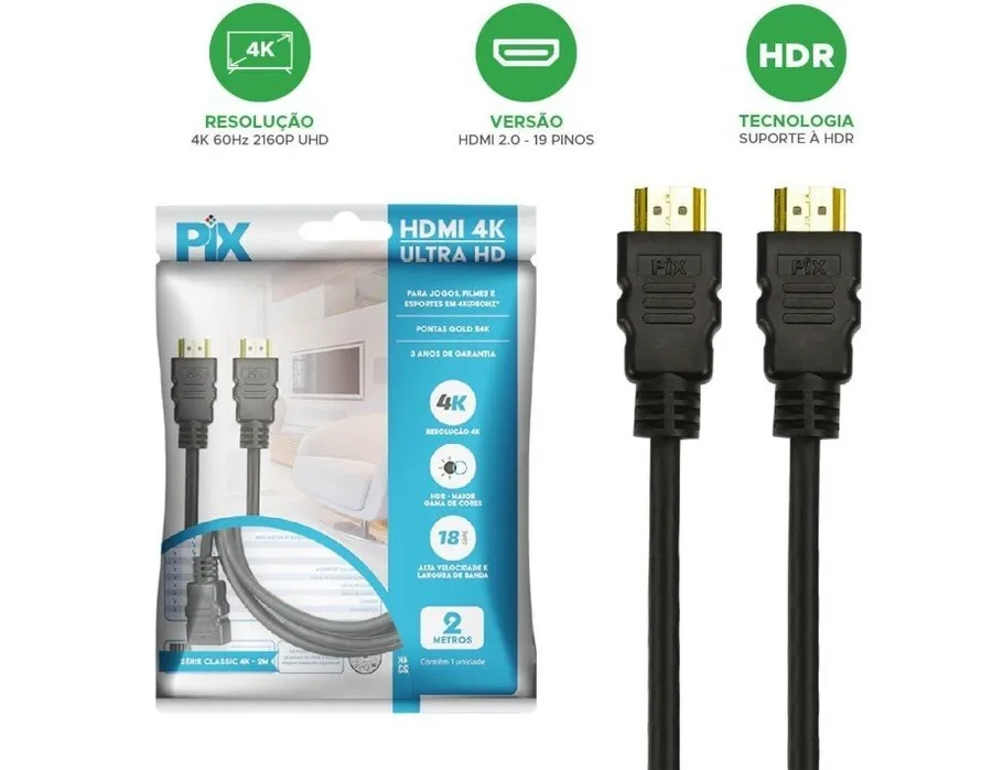 PIX Cabo Hdmi 2.0 4K Hdr 19P 2M Pix Gold, Preto