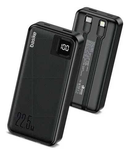 Power Bank Basike 20000mAh Preto, Carga Rápida 22.5W para iPhone e Samsung, Com Cabos Embutidos e Display