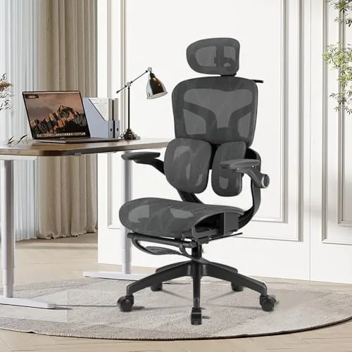 Cadeira de Escritório Ergonômica Testada conforme NR-17, Duplo Apoio Lombar, Assento Deslizante com Ajuste de Profundidade 5cm, Apoio para Pés Retrátil, Reclinável até 135 para Home Office Preto