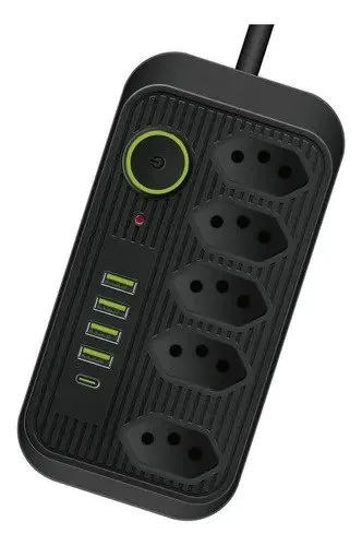 Extensão 5 Tomadas E 1 Pd 4 Usb Led Bivolt Power 127v220v Preto. 127220v