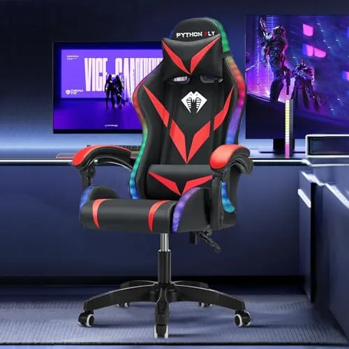 Cadeira Gamer RGB Python Fly com Iluminação Decorativa, Encosto Reclinável, Design Ergonômico para Escritório e Jogos Vermelho