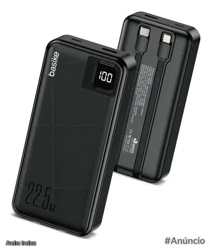Power Bank Basike 20000mAh Preto, Carga Rápida 22.5W para iPhone e Samsung, Com Cabos Embutidos e Display