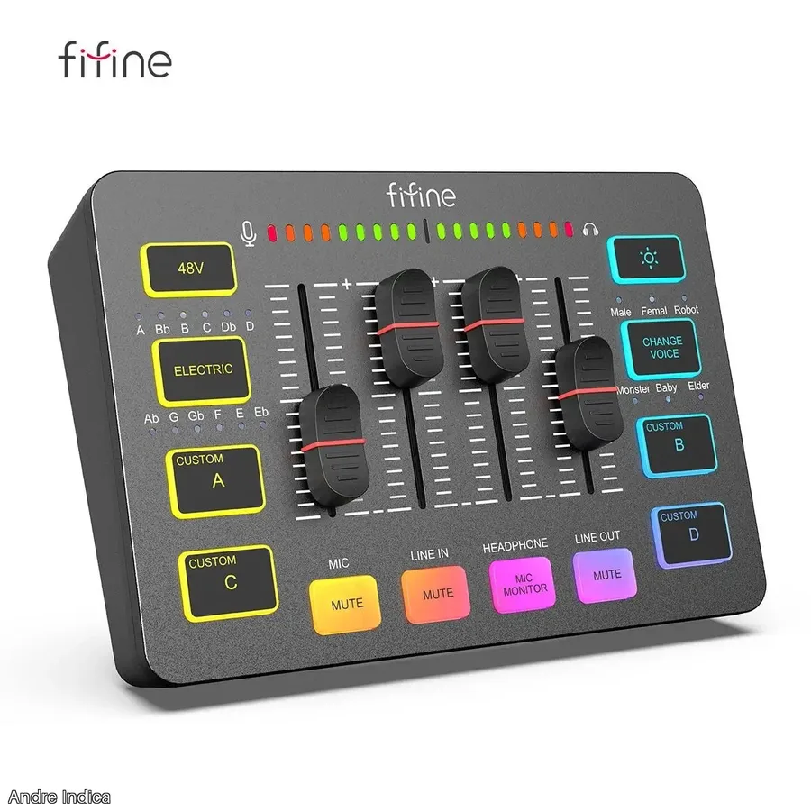 Mixer de jogos USB FIFINE com interface de microfone XLR, 48V Phantom Power, RGB, placa de som para podcasting streaming