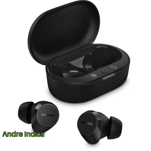 Fone de ouvido sem fio TWS Philips TAT1209BK00 na cor preto, com bluetooth, microfone, tecnologia IPX4 e 18 horas de reprodução.