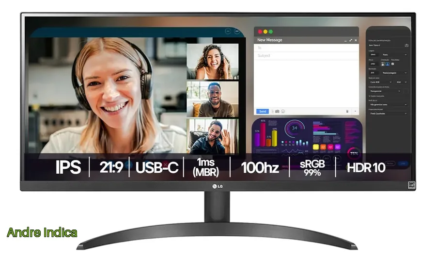 Monitor LG UltraWide - Tela IPS de 29, 219, HDR10, sRGB 99, 100Hz, Preto- 29WQ500B