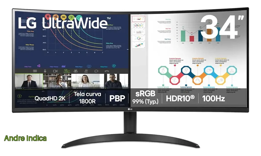 Monitor LG UltraWide Curvo, QuadHD 2K de 34, PBP, sRGB 99, HDR10, 100Hz, Preto - 34WR50QK-B