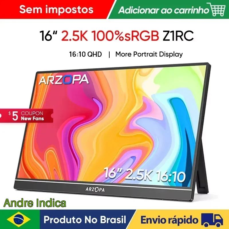 Monitor Portátil ARZOPA de 16 Polegadas 2K, Tela IPS 1610 com Tipo-C e Mini HDMI, Segundo Display para MACLaptopPCXboxPS45Switch, Z1RC