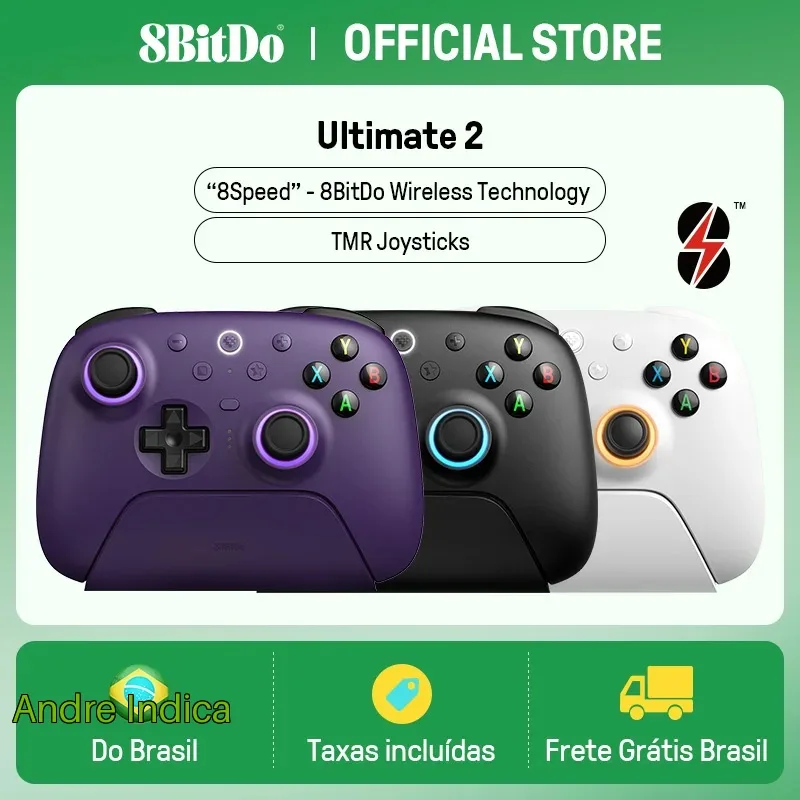 Controle Sem Fio 8BitDo Ultimate 2 para Pc e Android com Joysticks Tmr Branco, Roxo ou Preto